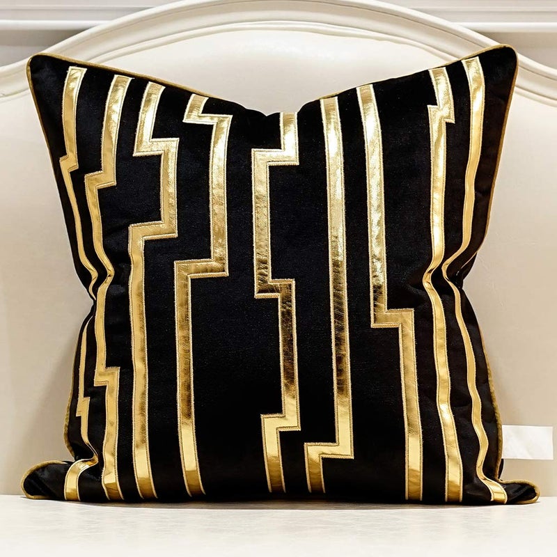 Avigers 18 x 18 Inches Black Gold Leather Striped Cushion Cases Luxury European Throw Pillow Covers Decorative Pillows for Couch Living Room Bedroom Car 45 x 45cm - Image 1